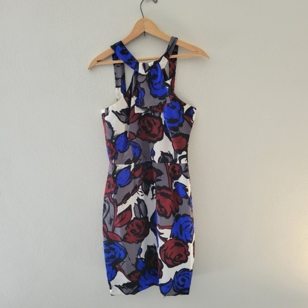 Rare Trina Turk Metallic Floral Gray Blue Red Silk Lined Midi Dress Size 4